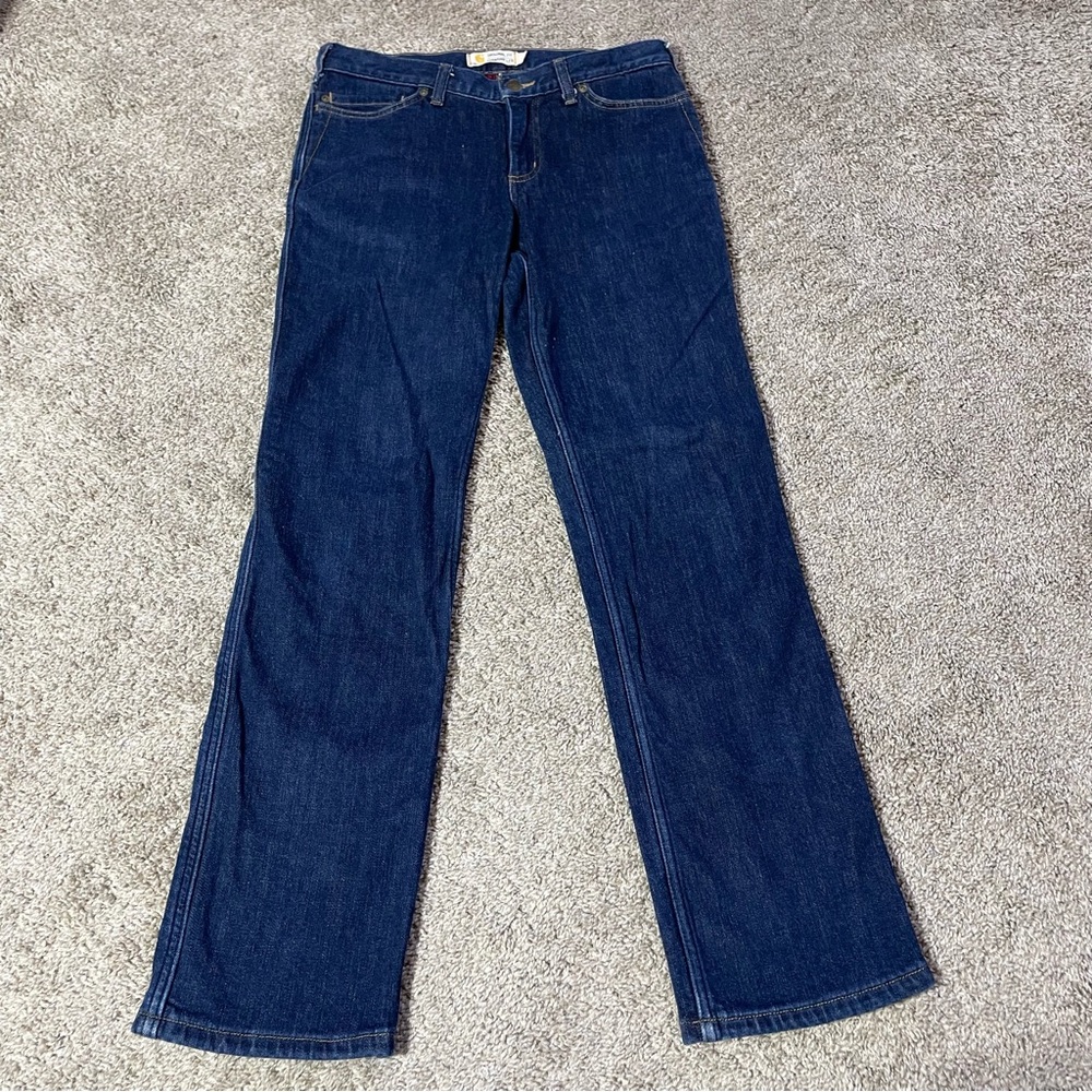 Carhartt Women's Straight Leg Jeans - Dark Blue with Red Plaid Lining - Picture 2 of 8